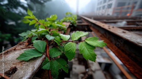 Green Plant Growing on Rusted Railway Tracks in Urban Environment with Misty Background