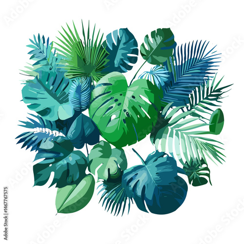 Arranged tropical leaves in various shades of green against a soft blue background