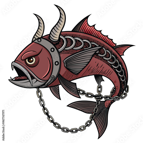 A terrifying demonic fish, horned and clawed, ensnared by rusty hook chains, rendered in dramatic, dark fantasy art style.
