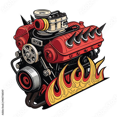 Render a demonic engine block, engulfed in fiery flames, with a menacing exhaust pipe spewing smoke.  Focus on intricate detail and a hellish aesthetic.