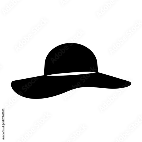 Simple graphic of a black floppy sun hat with a wide brim