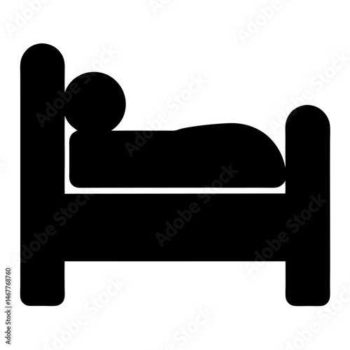 Simple black bed icon with sleeping person on white background image