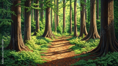 Sunny forest path, sunlight through trees, peaceful scene, ideal for nature lovers photo