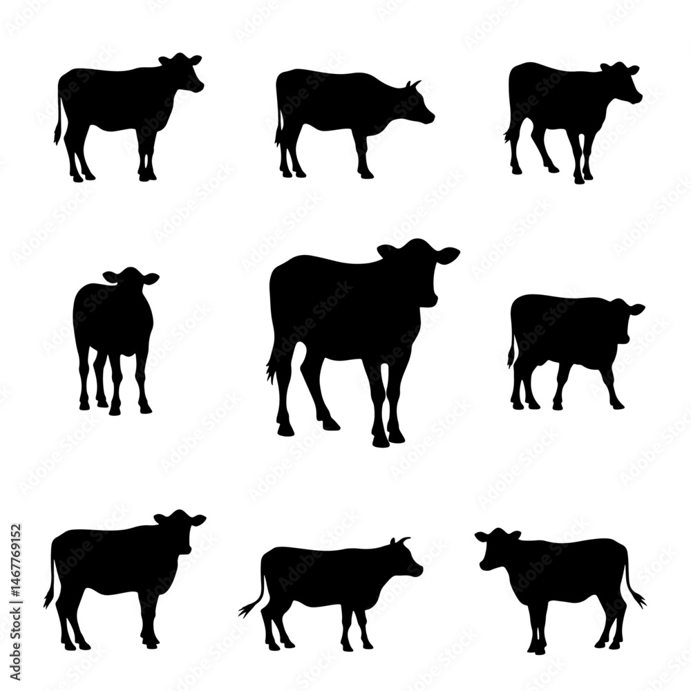 Set of cow vector silhouette illustration isolated on white background