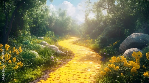 Enchanted yellow brick road leading through vibrant green trees and flowers photo