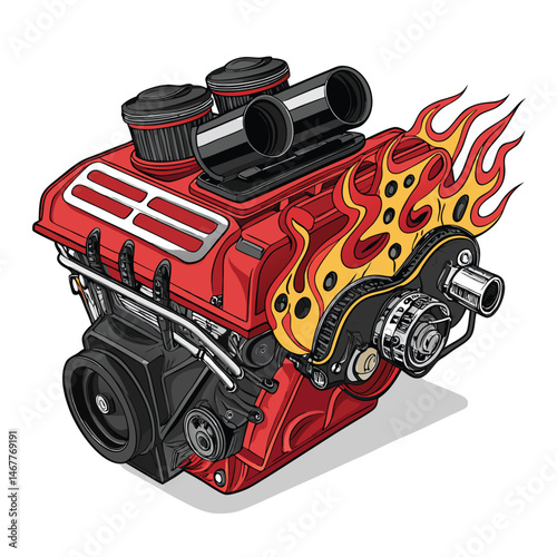 Render a demonic engine block, engulfed in hellfire, with a menacing exhaust pipe spewing dark smoke.  Focus on intricate mechanical detail and fiery textures.