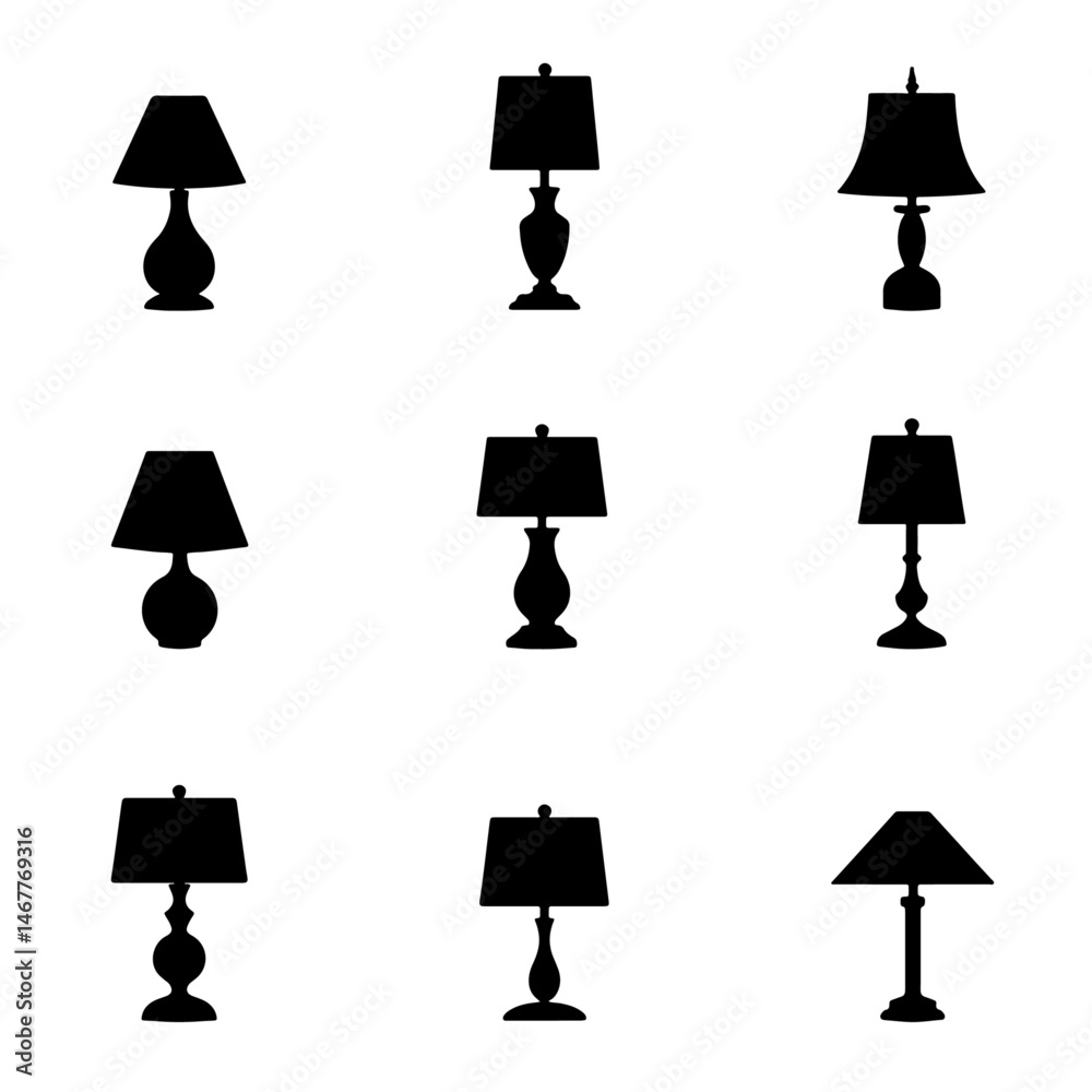 Set lamps silhouette isolated on white background. Vector illustration in a sketch style. 