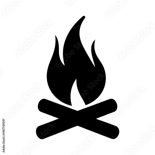 Simple black and white campfire icon illustration for camping and outdoors