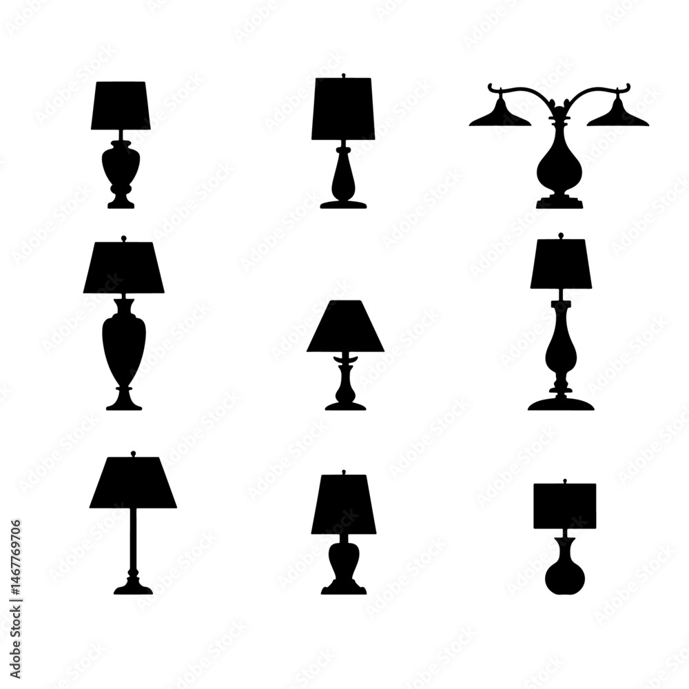 Set lamps silhouette isolated on white background. Vector illustration in a sketch style. 
