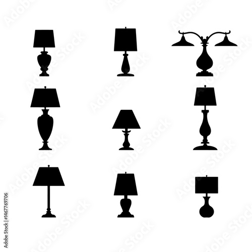 Set lamps silhouette isolated on white background. Vector illustration in a sketch style. 