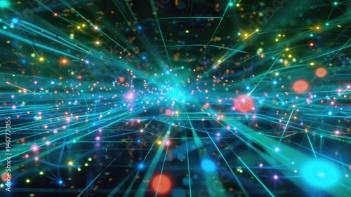 Abstract picture of neon light particle glow with digital technology style design connecting become dynamic of electric movement represent about flowing of data or structure of network system. AIG53.