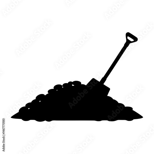 A shovel embedded in a large pile of dirt, displayed in silhouette