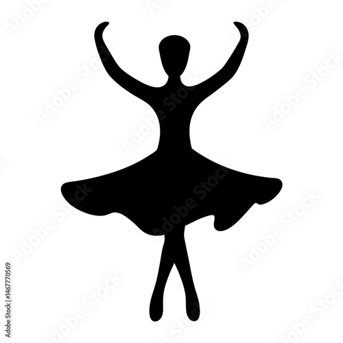 Silhouette of a graceful ballerina in motion with flowing dress and raised arms