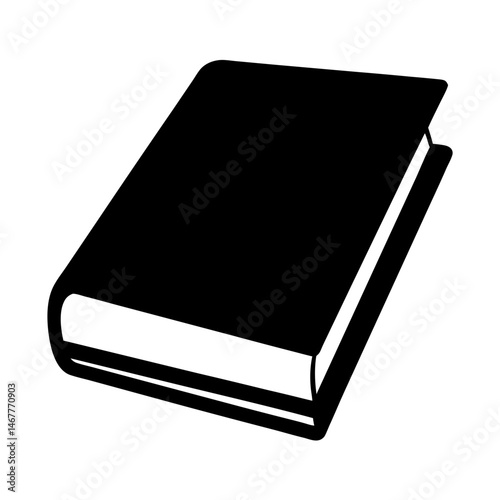 Simple black and white illustration of a closed, hardcover book at an angle