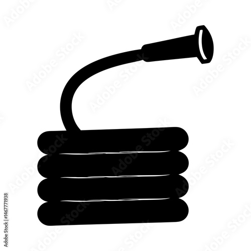 Black and White Illustration of a Coiled Garden Hose and Nozzle