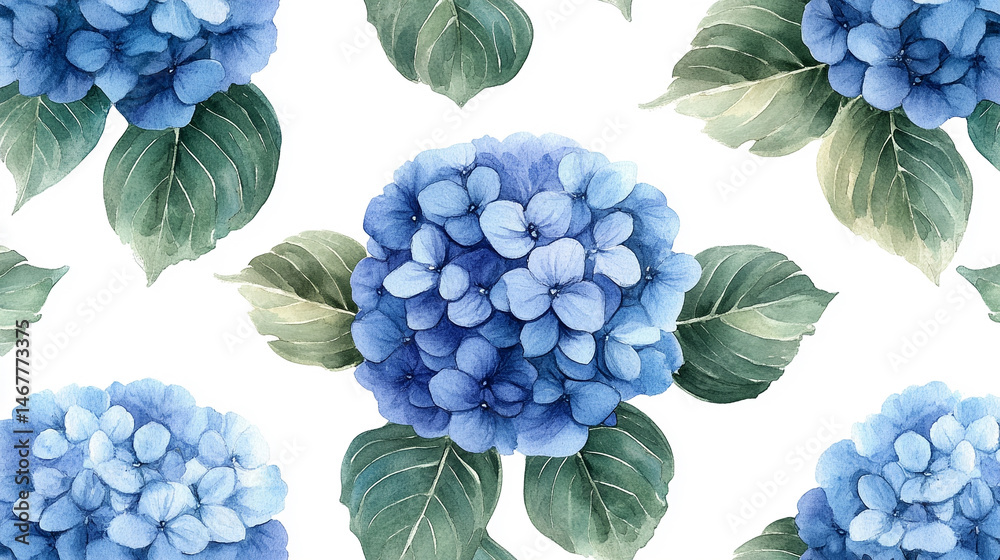 Seamless pattern of watercolor blue hydrangeas creates a soft, elegant floral design. Symbolizes grace, gratitude, and heartfelt emotion in a timeless botanical aesthetic for prints or decor.