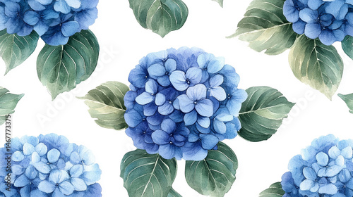 Obraz na płótnie Seamless pattern of watercolor blue hydrangeas creates a soft, elegant floral design. Symbolizes grace, gratitude, and heartfelt emotion in a timeless botanical aesthetic for prints or decor.
w salonie