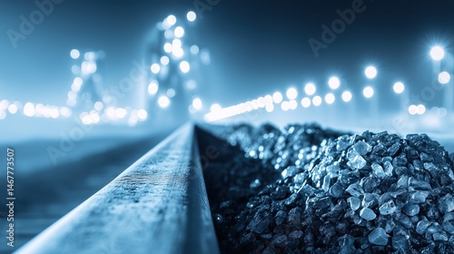 railcar filled with dark rock cargo travels along tracks illuminated by bright blurred lights night