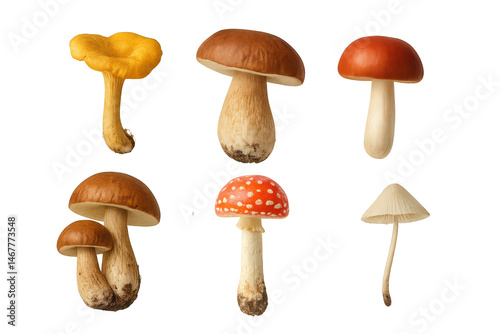 Six edible and poisonous mushrooms isolated on transparent background