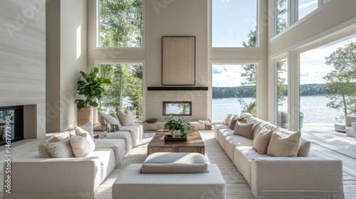 Wallpaper Mural Luxury Lake House Living Room with Stunning View and Modern Fireplace Torontodigital.ca