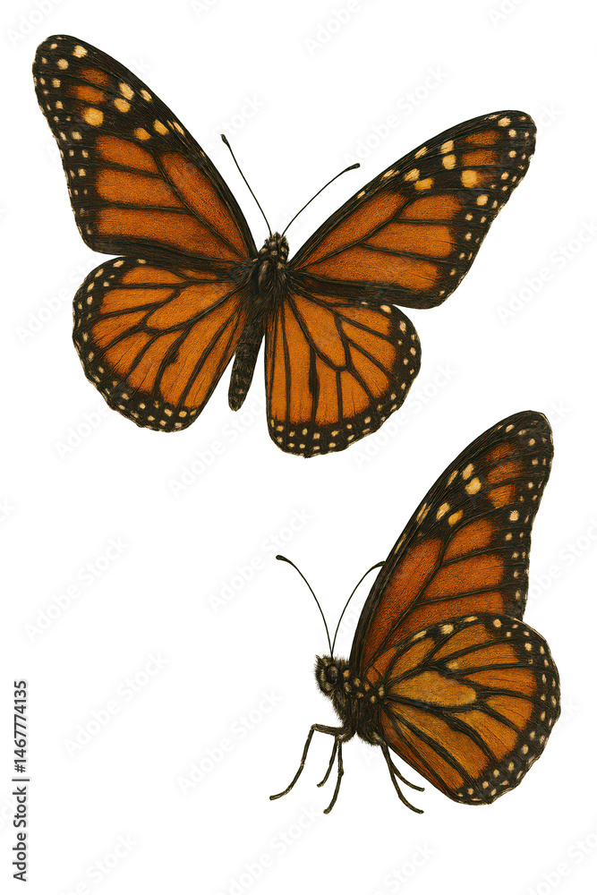 Fototapeta premium Two monarch butterflies flying with transparent background