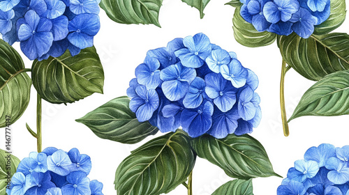 Seamless pattern of watercolor blue hydrangeas creates a soft, elegant floral design. Symbolizes grace, gratitude, and heartfelt emotion in a timeless botanical aesthetic for prints or decor.

