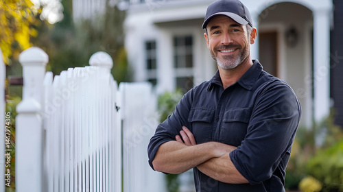 Smiling Middle Aged Man in Black Shirt and Cap Near White Fence