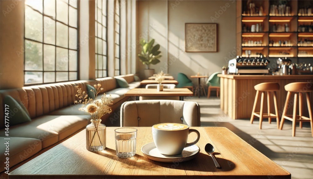 Sunny Cafe Interior Latte Art Wooden Tables Cozy Seating Sunlight Streaming Through Windows Sunny Cafe Interior Latte Art Wooden Tables Cozy Seating Sunlight Streaming Through Windows