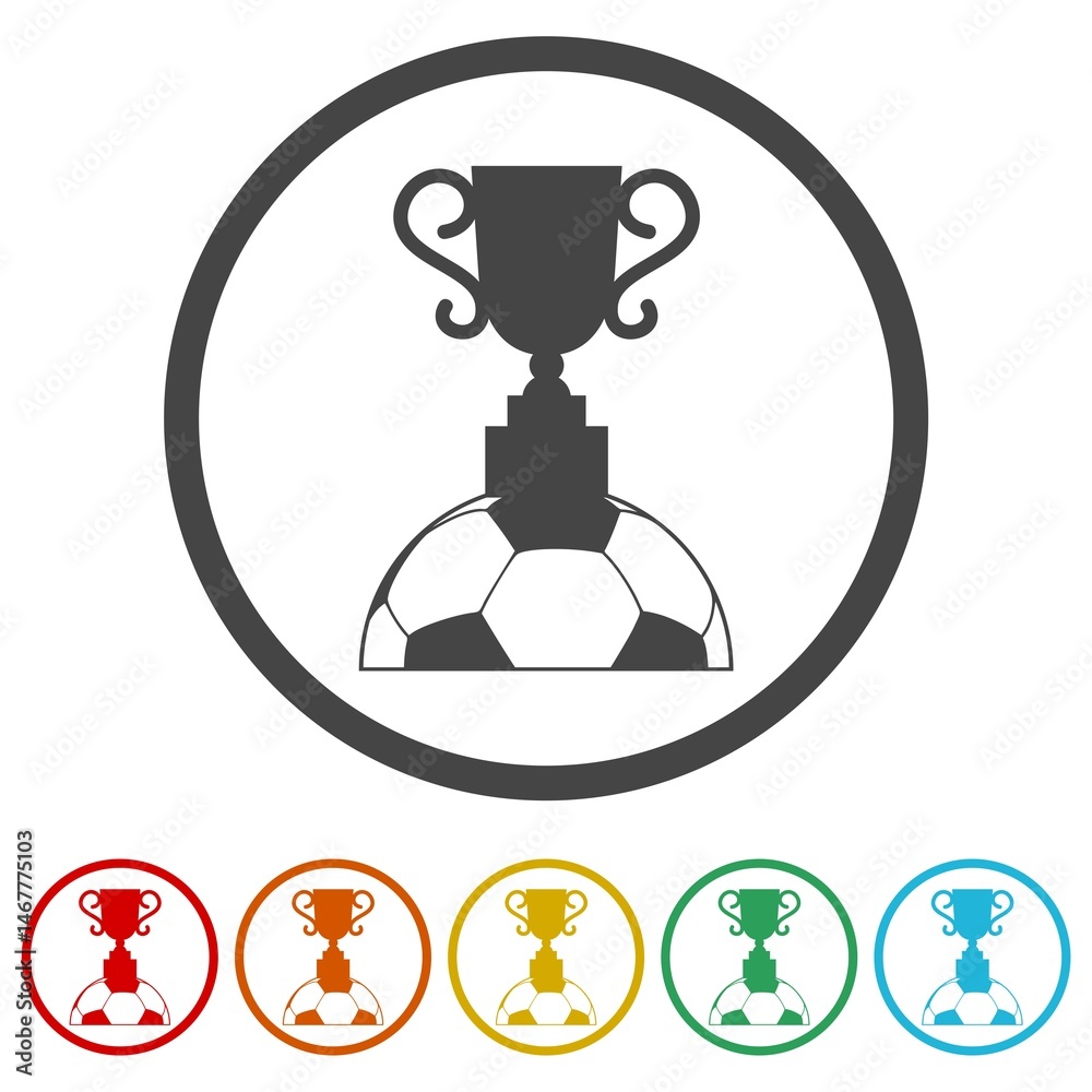 Obraz premium Soccer ball and trophy icon. Set icons in color circle buttons