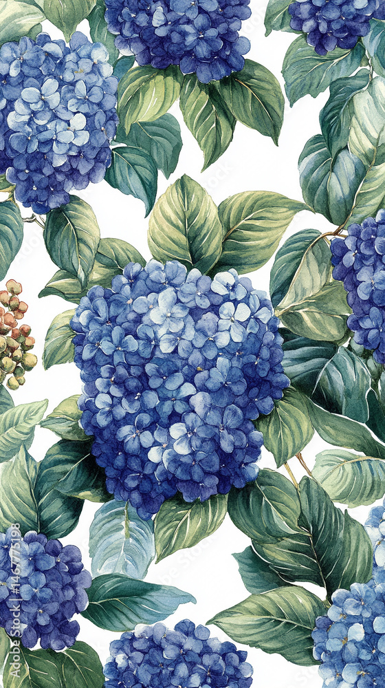 Seamless pattern of watercolor blue hydrangeas creates a soft, elegant floral design. Symbolizes grace, gratitude, and heartfelt emotion in a timeless botanical aesthetic for prints or decor.