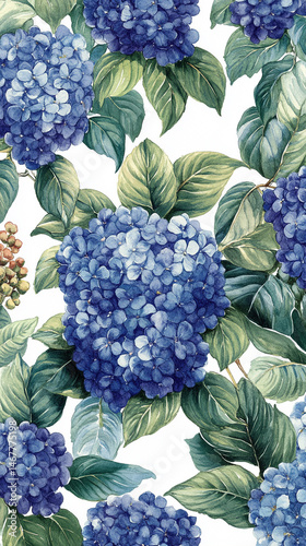 Seamless pattern of watercolor blue hydrangeas creates a soft, elegant floral design. Symbolizes grace, gratitude, and heartfelt emotion in a timeless botanical aesthetic for prints or decor.

