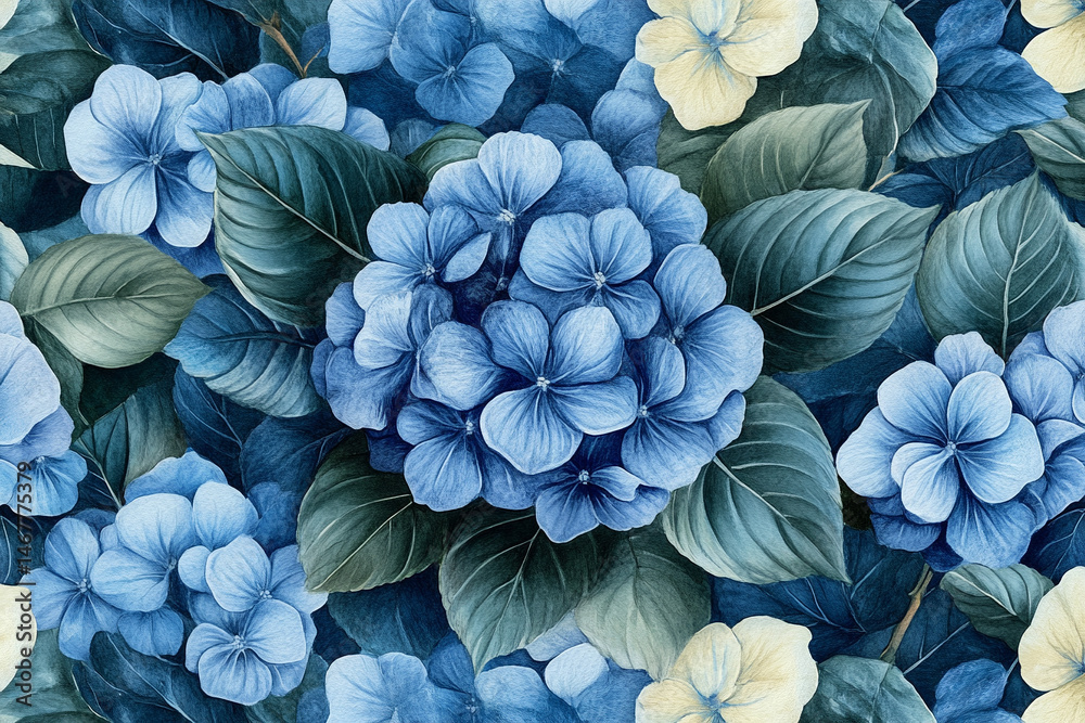 Seamless pattern of watercolor blue hydrangeas creates a soft, elegant floral design. Symbolizes grace, gratitude, and heartfelt emotion in a timeless botanical aesthetic for prints or decor.