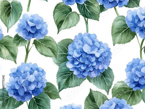 Obraz na płótnie Seamless pattern of watercolor blue hydrangeas creates a soft, elegant floral design. Symbolizes grace, gratitude, and heartfelt emotion in a timeless botanical aesthetic for prints or decor.
w salonie