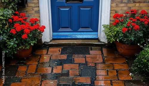 A blue front door with red-flowered potted plants on wet brick path in front of brick house.