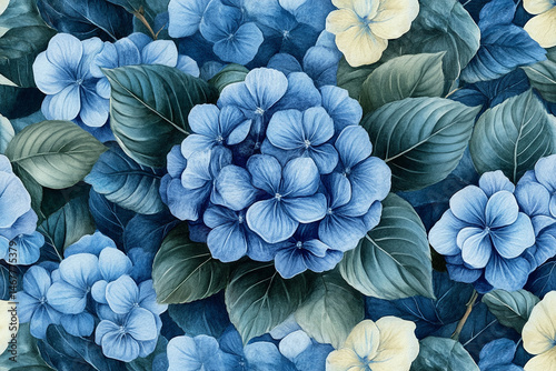 Obraz na płótnie Seamless pattern of watercolor blue hydrangeas creates a soft, elegant floral design. Symbolizes grace, gratitude, and heartfelt emotion in a timeless botanical aesthetic for prints or decor.
w salonie