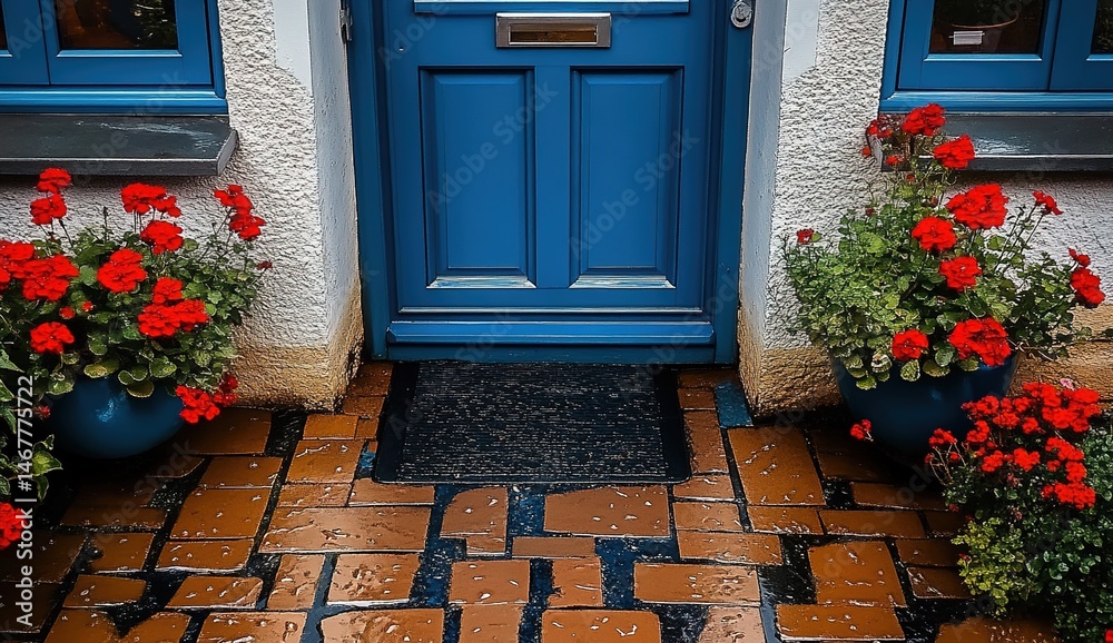 A blue front door with red-flowered potted plants on wet brick path in front of brick house.