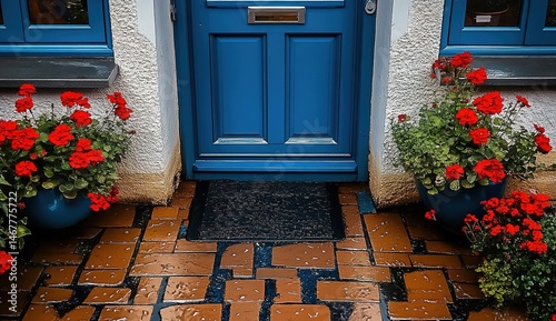 Obraz na płótnie A blue front door with red-flowered potted plants on wet brick path in front of brick house. w salonie