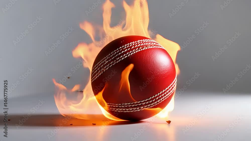 A red cricket ball surrounded by intense flames, symbolizing power, speed, and action in sports.

