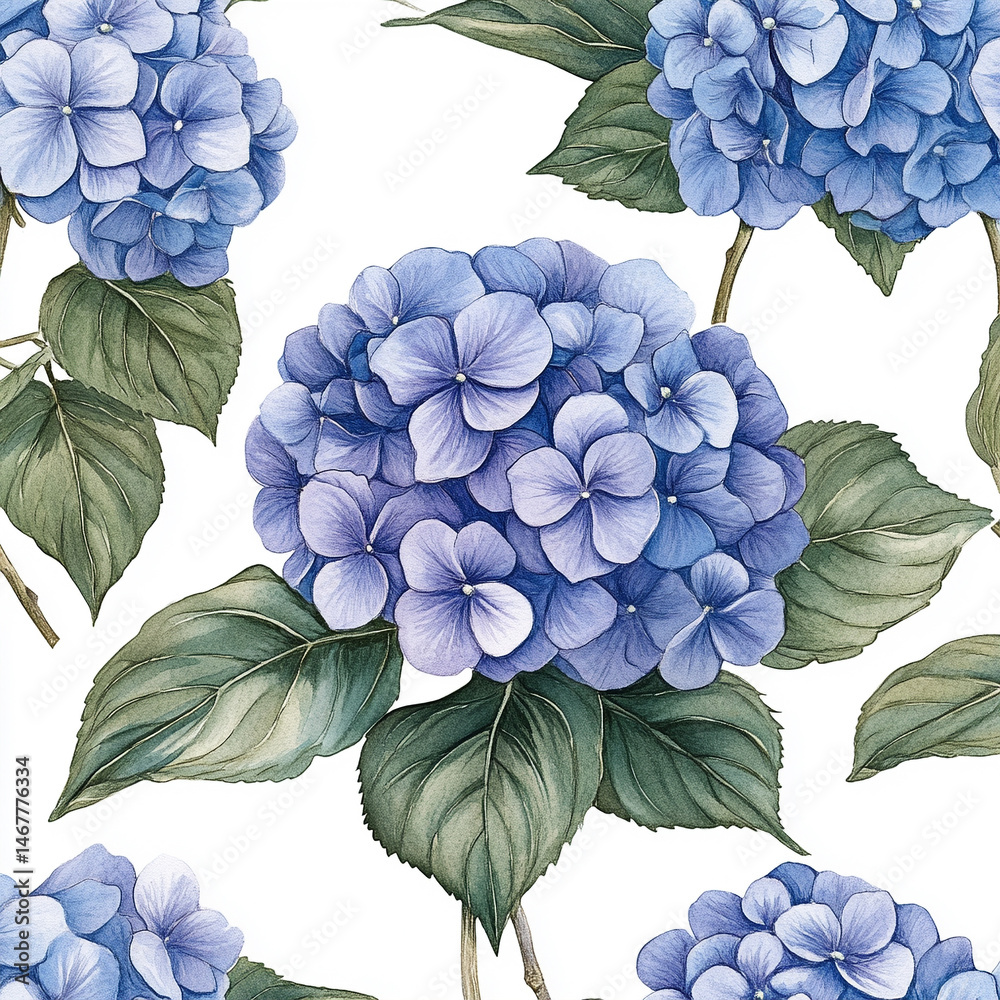 Seamless pattern of watercolor blue hydrangeas creates a soft, elegant floral design. Symbolizes grace, gratitude, and heartfelt emotion in a timeless botanical aesthetic for prints or decor.