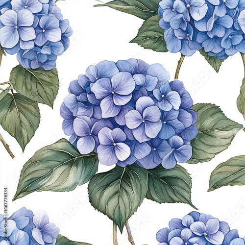 Obraz na płótnie Seamless pattern of watercolor blue hydrangeas creates a soft, elegant floral design. Symbolizes grace, gratitude, and heartfelt emotion in a timeless botanical aesthetic for prints or decor.
w salonie