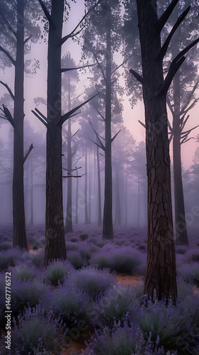 Surreal geometric forest with polygonal trees, ambient lighting, and soft mist in a lavender twilight


