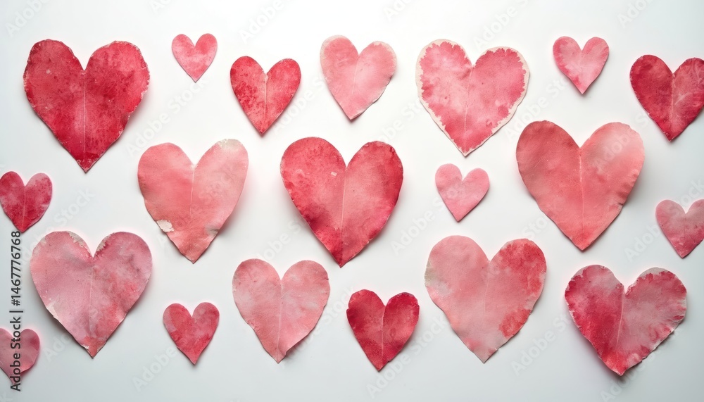Collection of hand-painted hearts in red pink hues on white background. Symbol of love, romance, Valentine Day cards, wedding invitations, Mothers Day. Paper cut, art, craft and handmade concept. Collection of hand-painted hearts in red pink hues on white background. Symbol of love, romance, Valentine Day cards, wedding invitations, Mothers Day. Paper cut, art, craft and handmade concept.