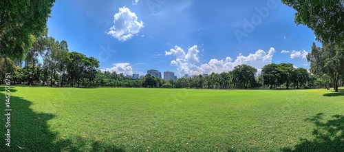 Expansive parkland, lush green grass, mature trees, clear blue sky, and distant city skyline