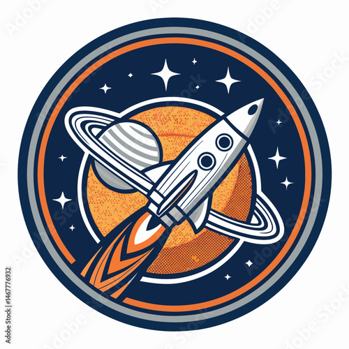Design a futuristic aerospace logo featuring a stylized rocket launching towards a vibrant planet, conveying speed, innovation, and exploration.