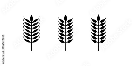 Three stylized black wheat ears on a white background.Simple, graphic illustration of three stylized wheat ears.