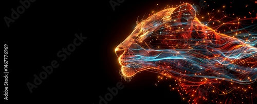 A glowing, abstract digital cheetah head made of orange and blue lines is set against a black background