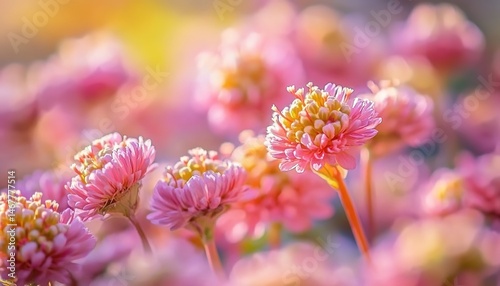 Close-up of pink and yellow flowers with long stamens and blurred background.