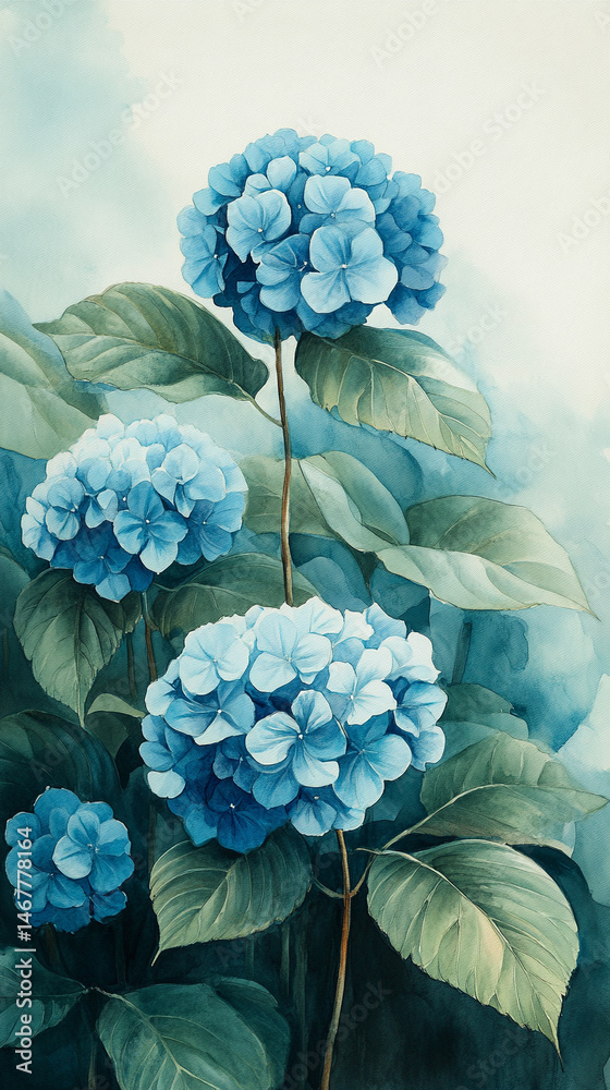 Seamless pattern of watercolor blue hydrangeas creates a soft, elegant floral design. Symbolizes grace, gratitude, and heartfelt emotion in a timeless botanical aesthetic for prints or decor.