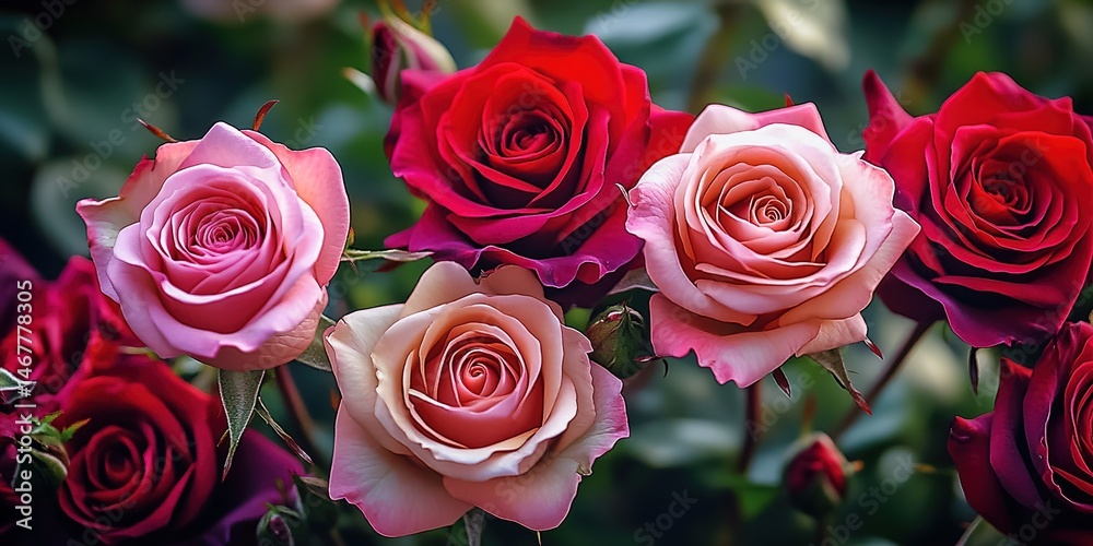 Bouquet of red and pink roses with buds against green background.