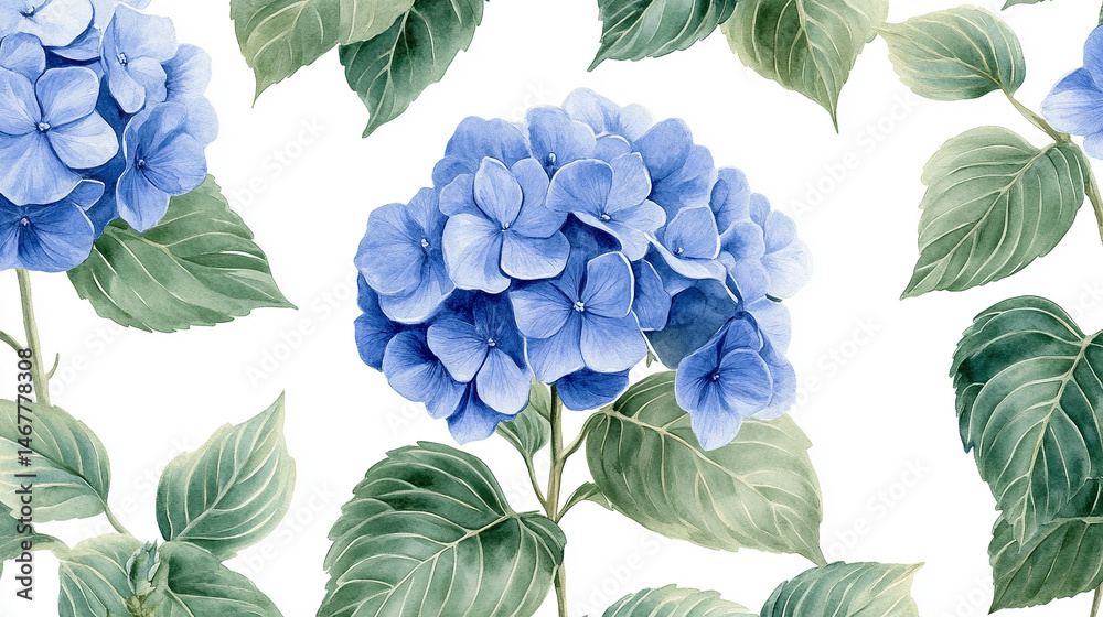 Seamless pattern of watercolor blue hydrangeas creates a soft, elegant floral design. Symbolizes grace, gratitude, and heartfelt emotion in a timeless botanical aesthetic for prints or decor.